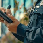 Close-up of a police officer in uniform writing a report on a clipboard, symbolizing law enforcement and public safety.